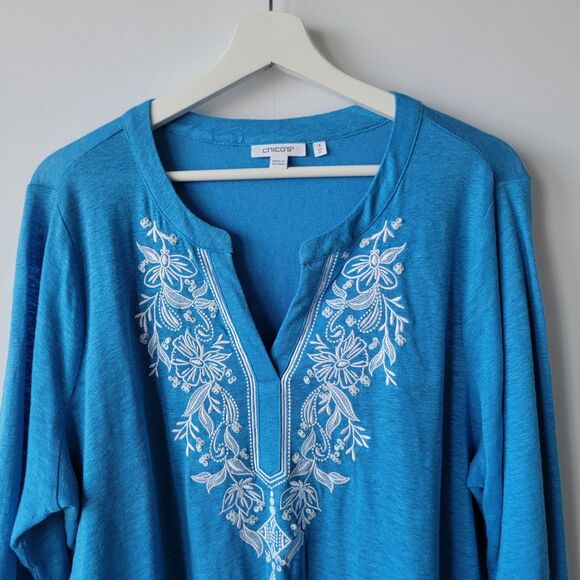 Chico's womens  100% Linen Embroidered V-Neck Tunic size XL Blue 3/4 sleeve - Picture 3 of 7